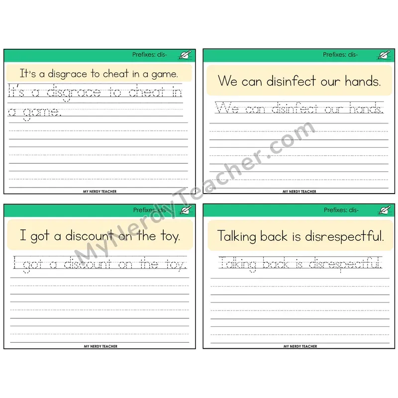 Prefix dis- Read It Trace It Write It Task Cards — Decodable Sentences