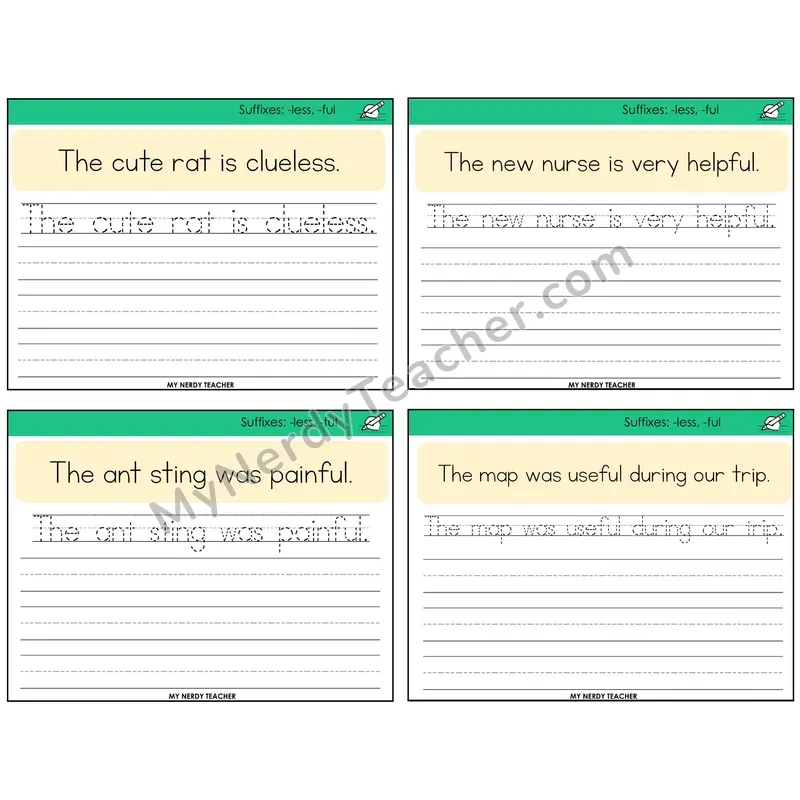 Suffixes -less and -ful Read It Trace It Write It Task Cards — Decodable Sentences