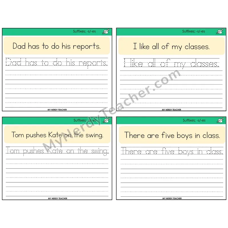 Suffixes -s and -es Read It Trace It Write It Task Cards — Decodable Sentences