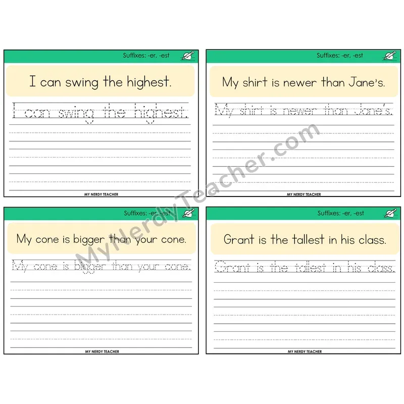 Suffixes -er and -est Read It Trace It Write It Task Cards — Decodable Sentences