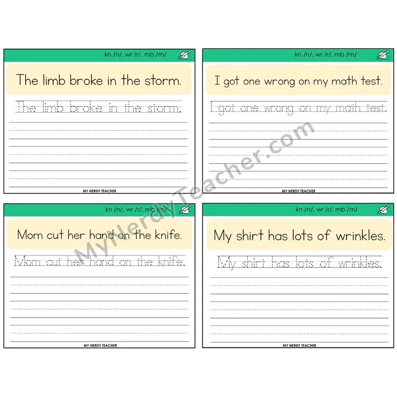 Silent Letters (kn, wr, mb) Read It Trace It Write It Task Cards — Decodable Sentences