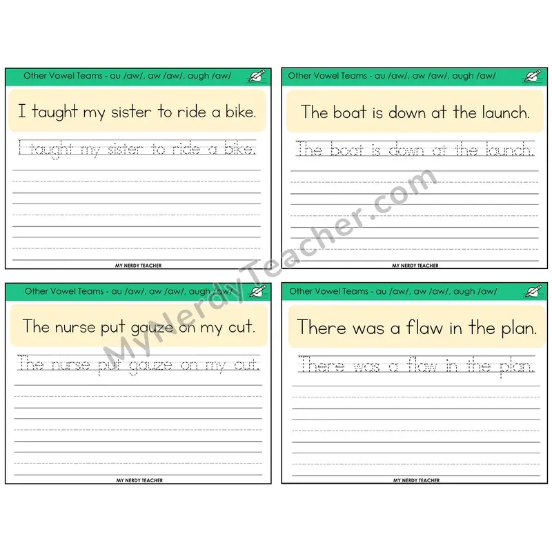AU, AW, AUGH (/aw/) Read It Trace It Write It Task Cards — Decodable Sentences