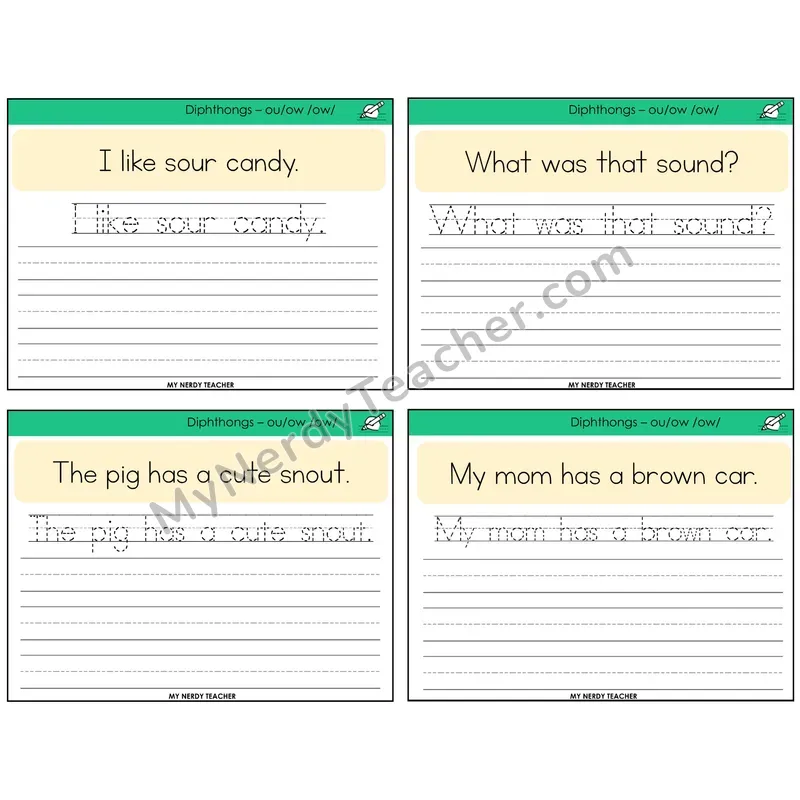 Diphthong OU and OW Read It Trace It Write It Task Cards — Decodable Sentences