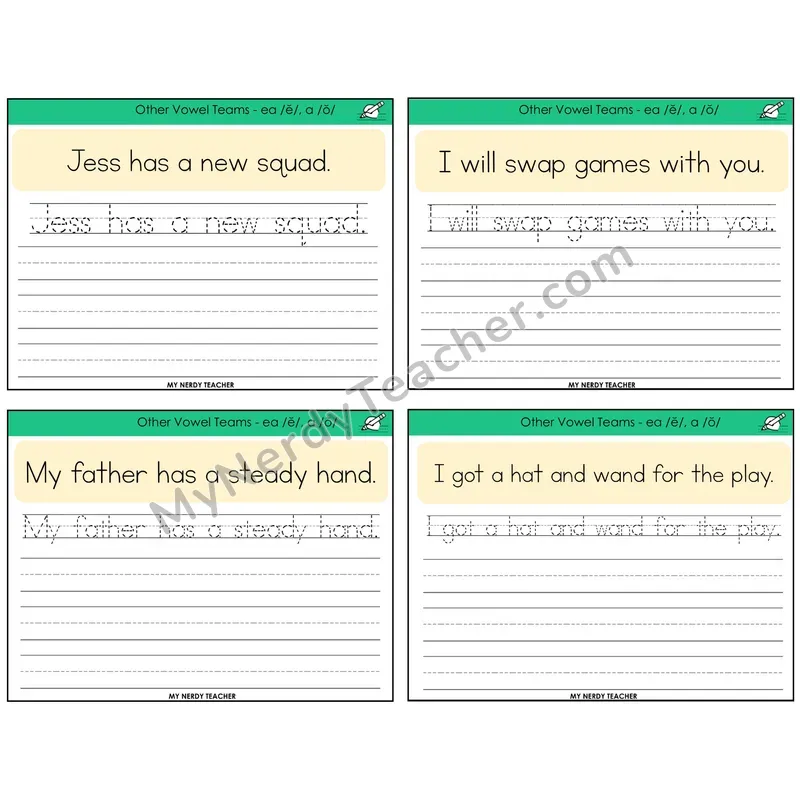 EA (short e) and A (short o) Read It Trace It Write It Task Cards — Decodable Sentences