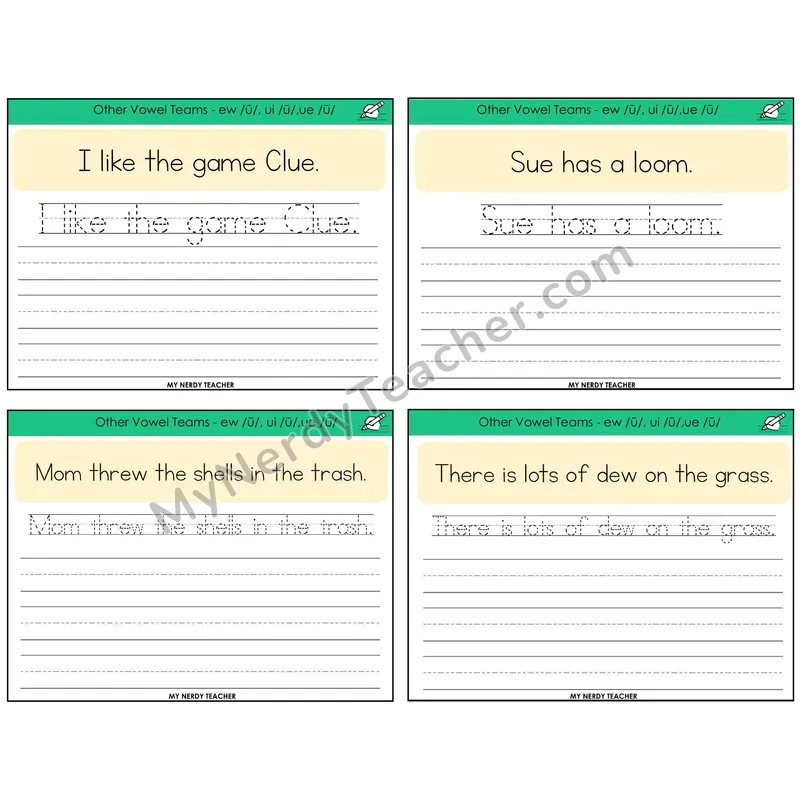 Long U (ew, ui, ue) Read It Trace It Write It Task Cards — Decodable Sentences