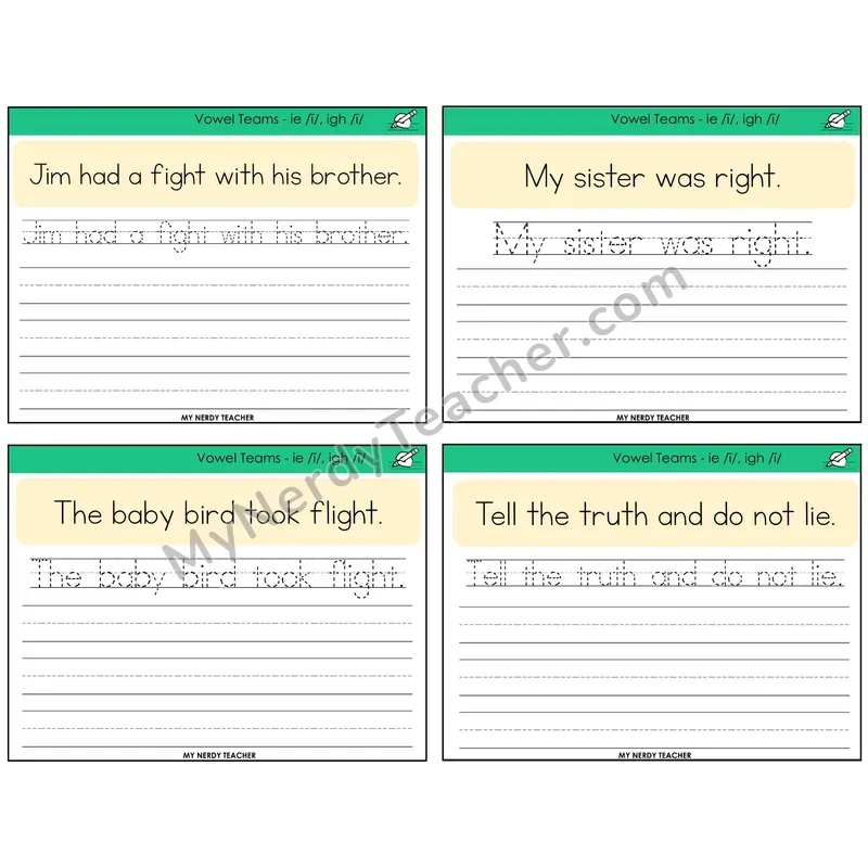 Long I Vowel Teams (ie, igh) Read It Trace It Write It Task Cards — Decodable Sentences