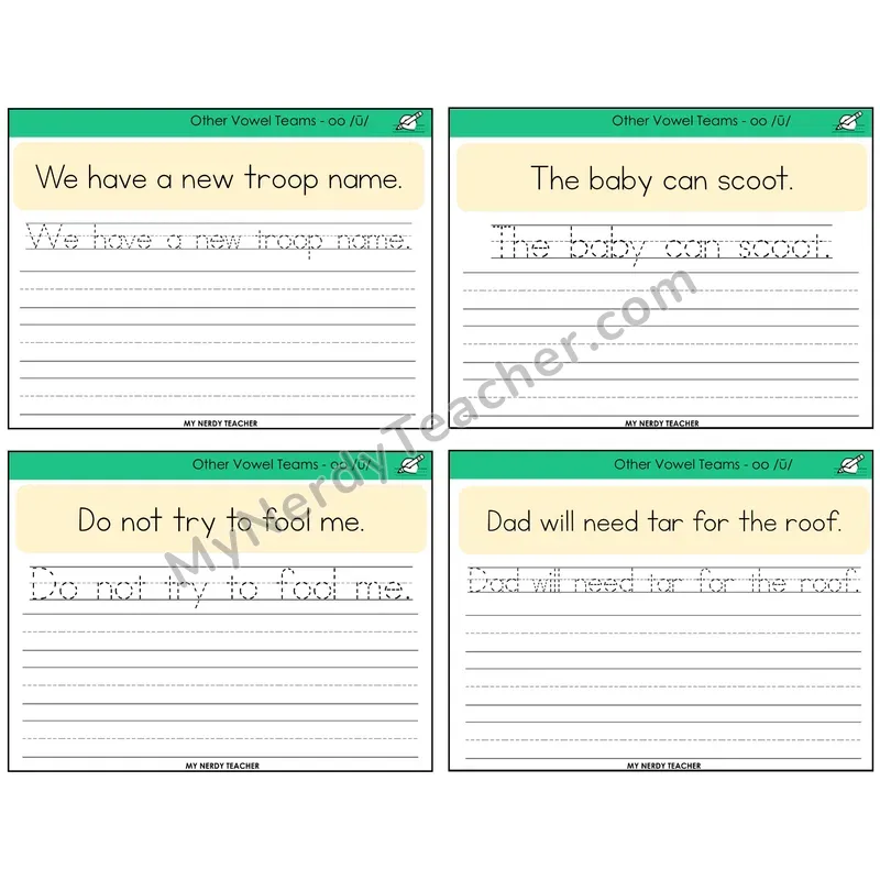 Long OO (/ū/) Read It Trace It Write It Task Cards — Decodable Sentences