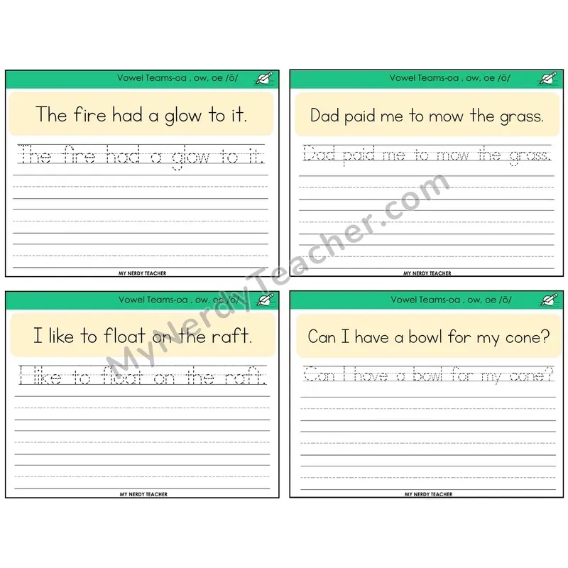 Long O Vowel Teams (oa, ow, oe) Read It Trace It Write It Task Cards — Decodable Sentences