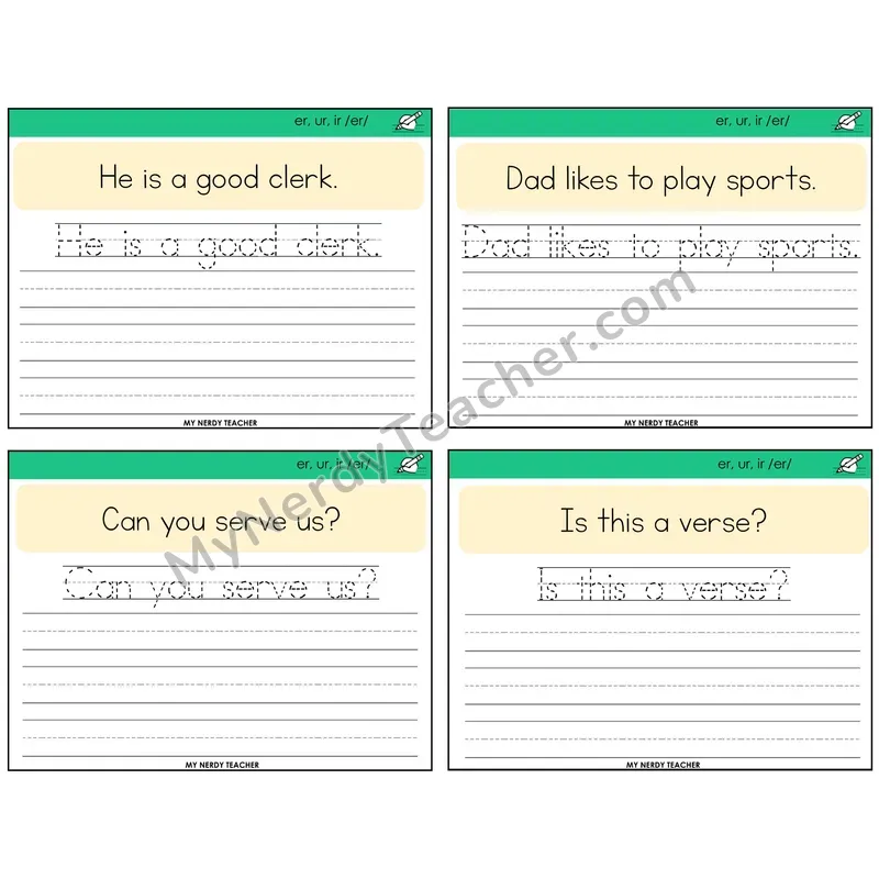R-Controlled ER, UR, IR Read It Trace It Write It Task Cards — Decodable Sentences