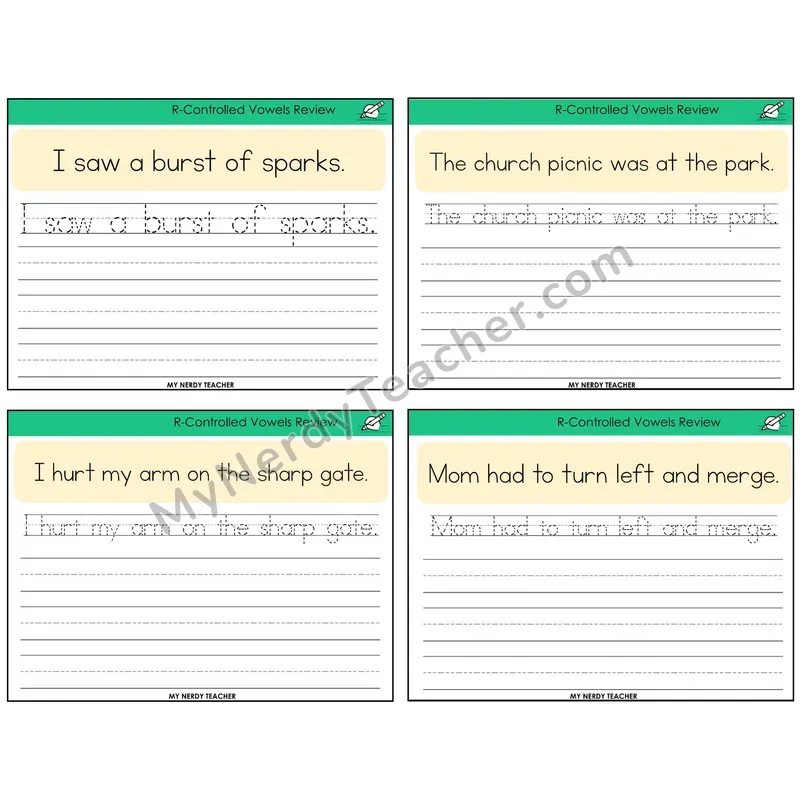 R-Controlled Vowels Review Read It Trace It Write It Task Cards — Decodable Sentences