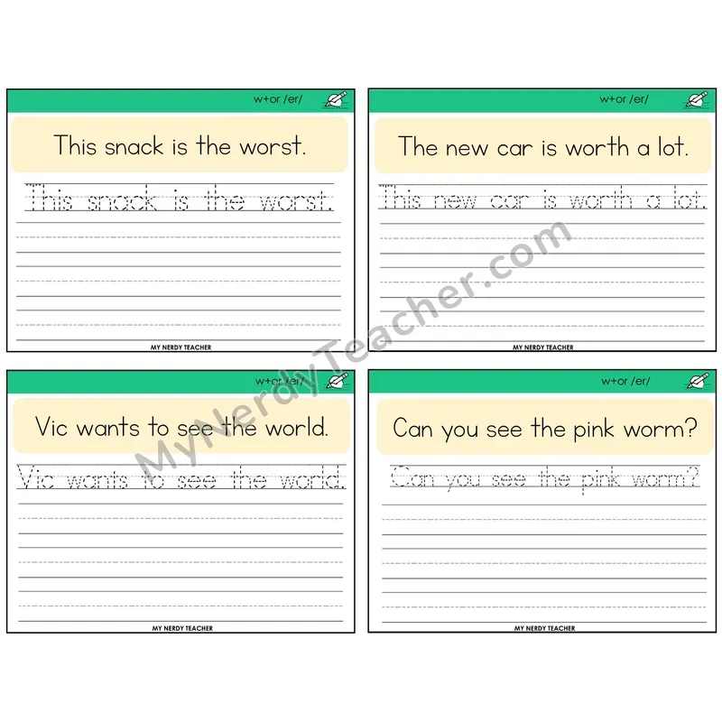 W+OR spelling /er/ Read It Trace It Write It Task Cards — Decodable Sentences