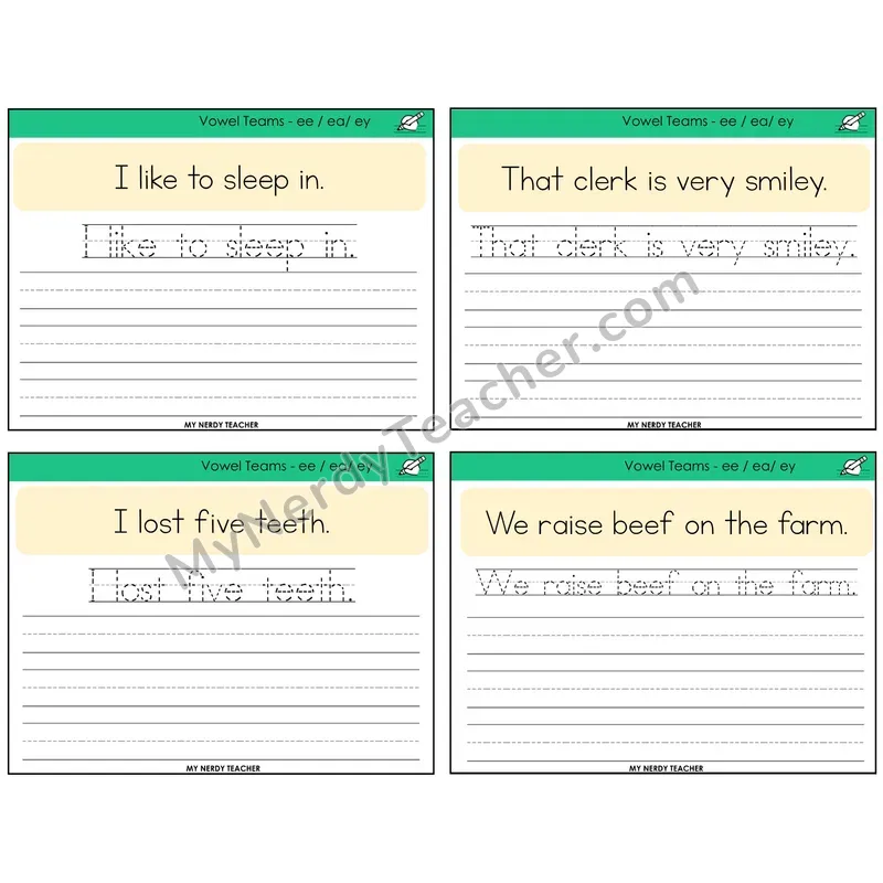 Long E Vowel Teams (ee, ea, ey) Read It Trace It Write It Task Cards — Decodable Sentences