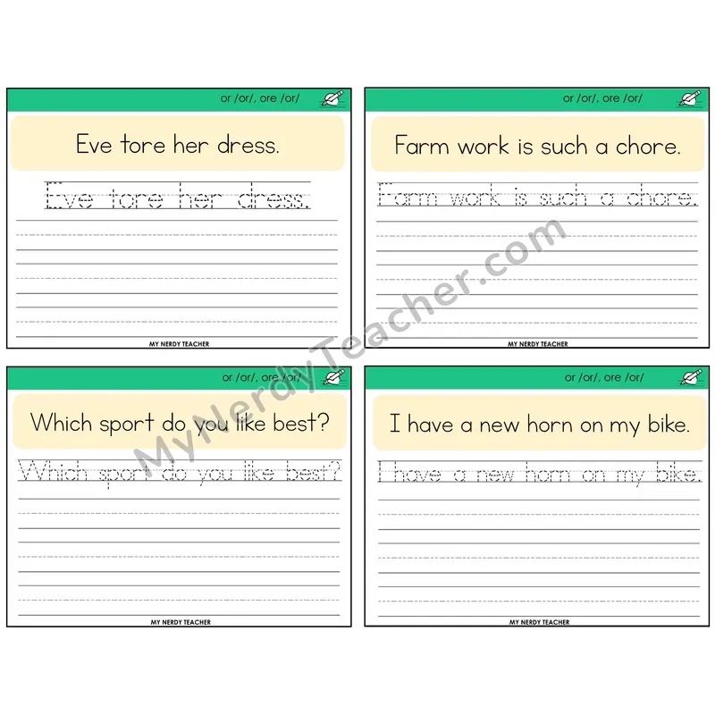 R-Controlled OR and ORE Read It Trace It Write It Task Cards — Decodable Sentences