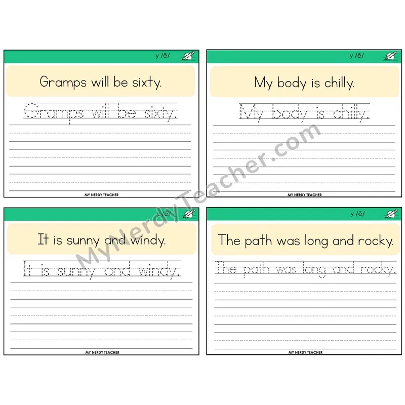 Y as Long E Read It Trace It Write It Task Cards — Decodable Sentences