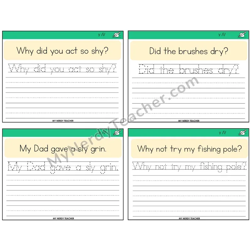 Y as Long I Read It Trace It Write It Task Cards — Decodable Sentences