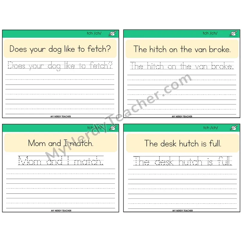 TCH Trigraph Read It Trace It Write It Task Cards — Decodable Sentences