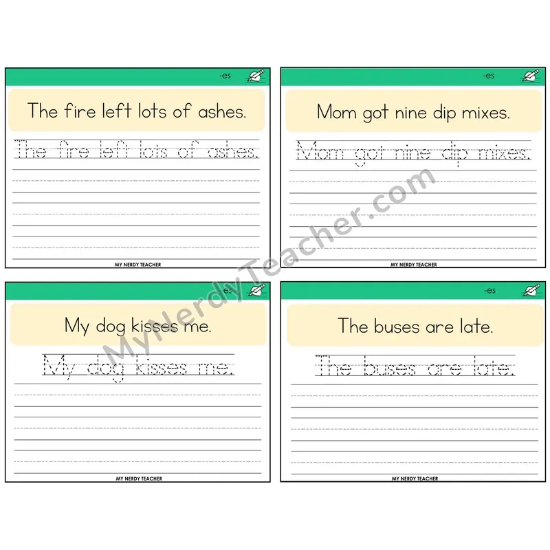 Suffix -es (Inflectional) Read It Trace It Write It Task Cards — Decodable Sentences