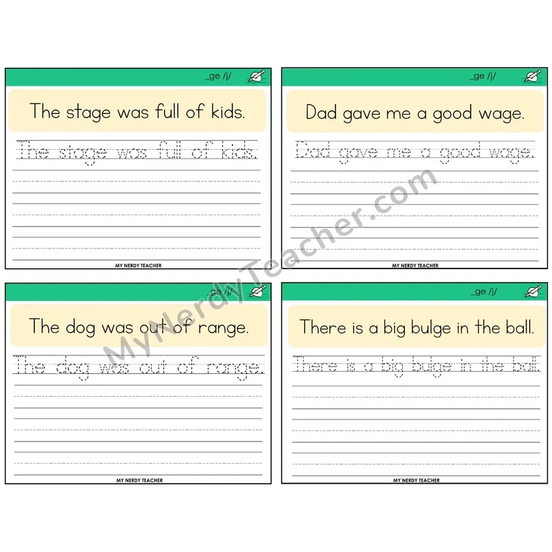 Soft G (_ge) Read It Trace It Write It Task Cards — Decodable Sentences