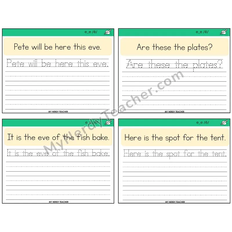 Long E VCe (e_e) Read It Trace It Write It Task Cards — Decodable Sentences