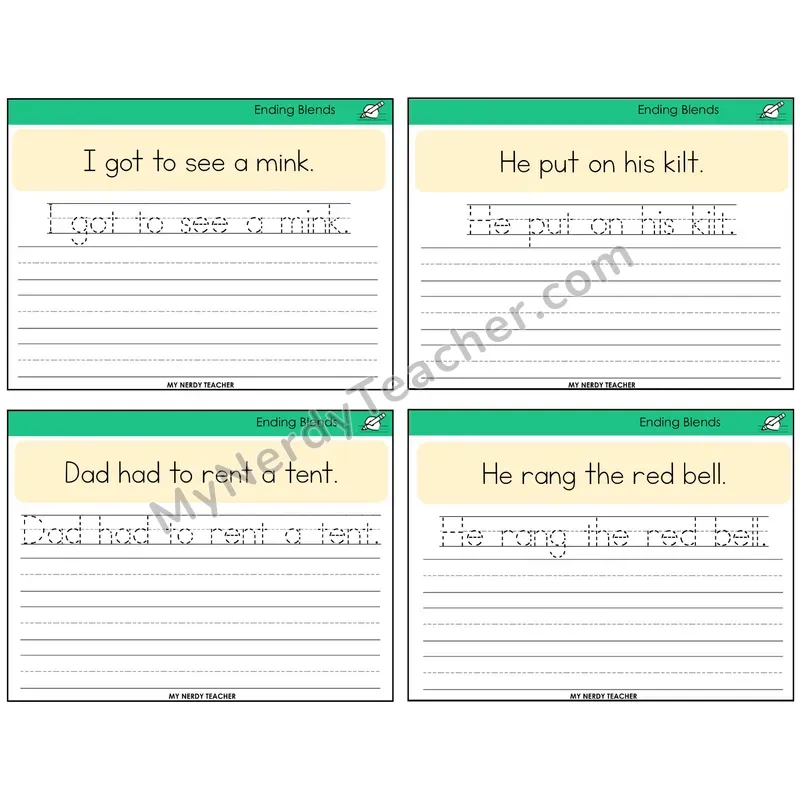 Ending Blends Read It Trace It Write It Task Cards — Decodable Sentences
