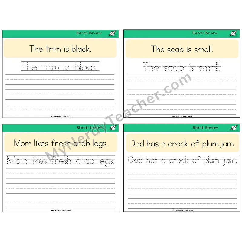 Blends Review Read It Trace It Write It Task Cards — Decodable Sentences