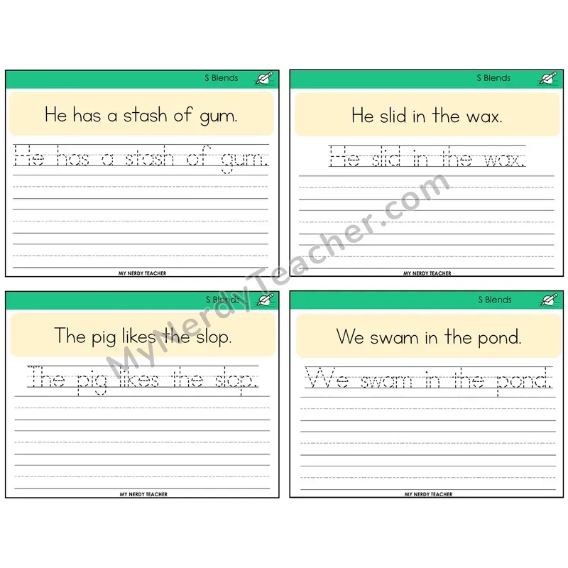 S Blends Read It Trace It Write It Task Cards — Decodable Sentences