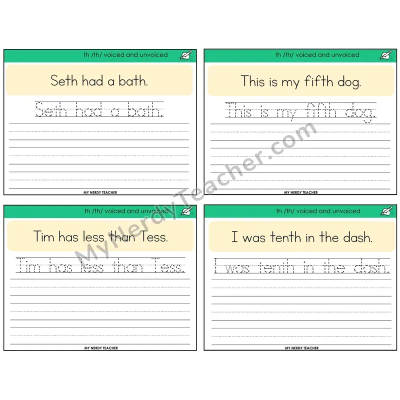 TH Digraph (Voiced + Unvoiced) Read It Trace It Write It Task Cards — Decodable Sentences