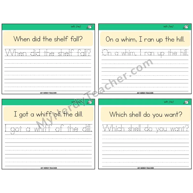 WH Digraph Read It Trace It Write It Task Cards — Decodable Sentences