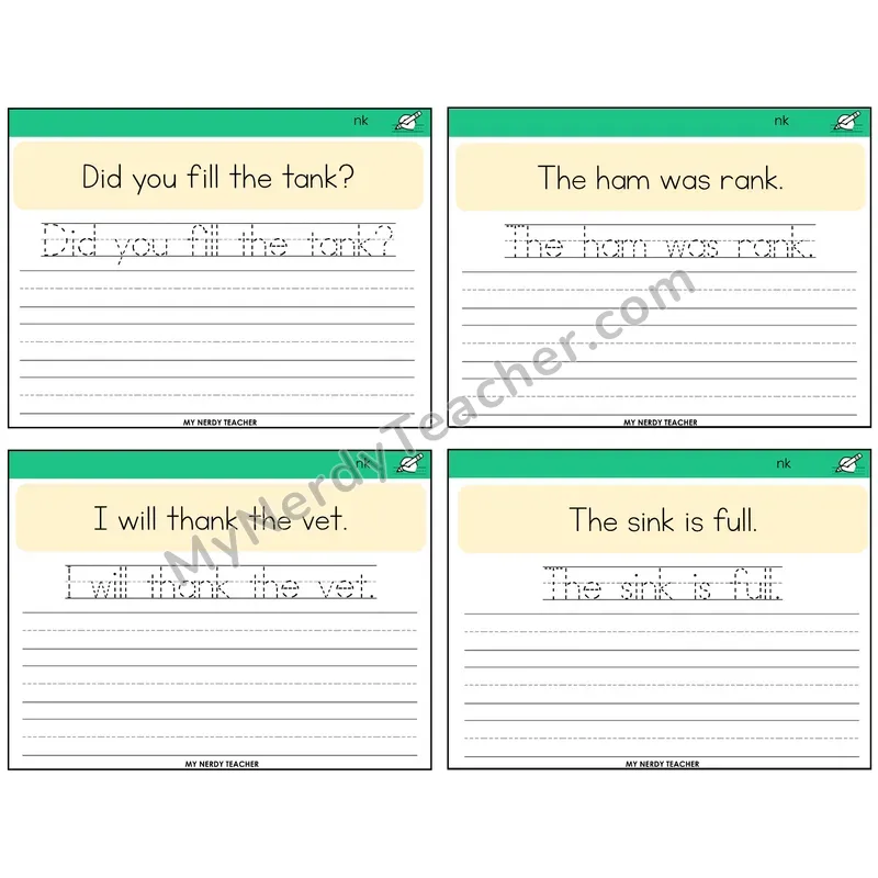 NK Digraph Read It Trace It Write It Task Cards — Decodable Sentences