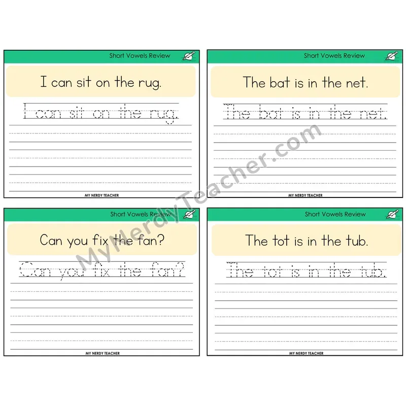 Short Vowels Review Read It Trace It Write It Task Cards — Decodable Sentences