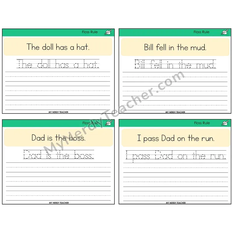 Floss Rule (ff, ll, ss, zz) Read It Trace It Write It Task Cards — Decodable Sentences