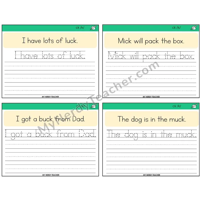 CK Digraph Read It Trace It Write It Task Cards — Decodable Sentences