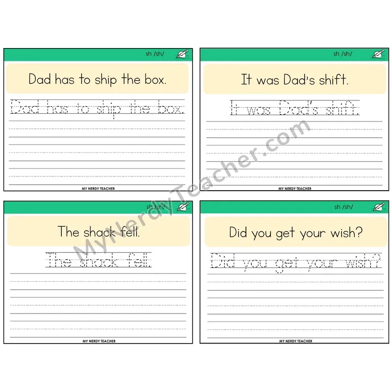SH Digraph Read It Trace It Write It Task Cards — Decodable Sentences