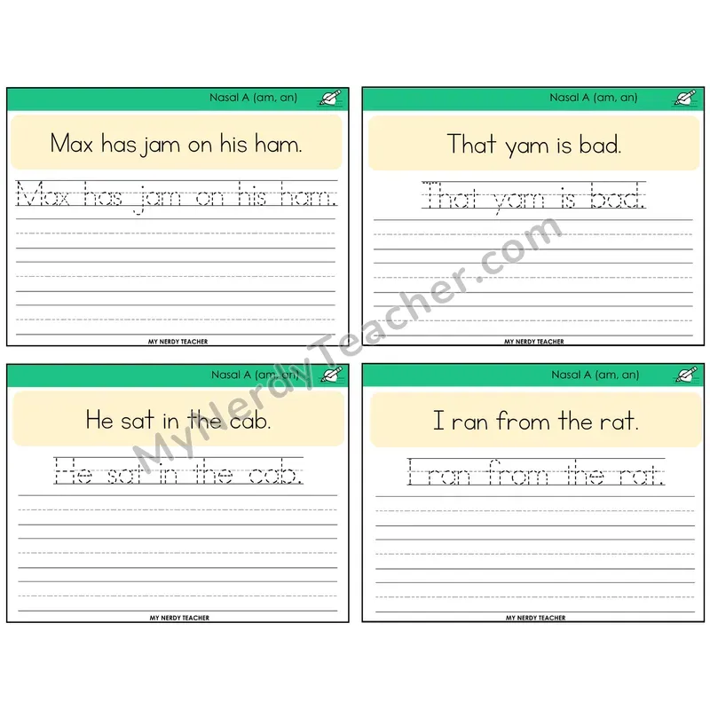 Nasalized A (am, an) Read It Trace It Write It Task Cards — Decodable Sentences