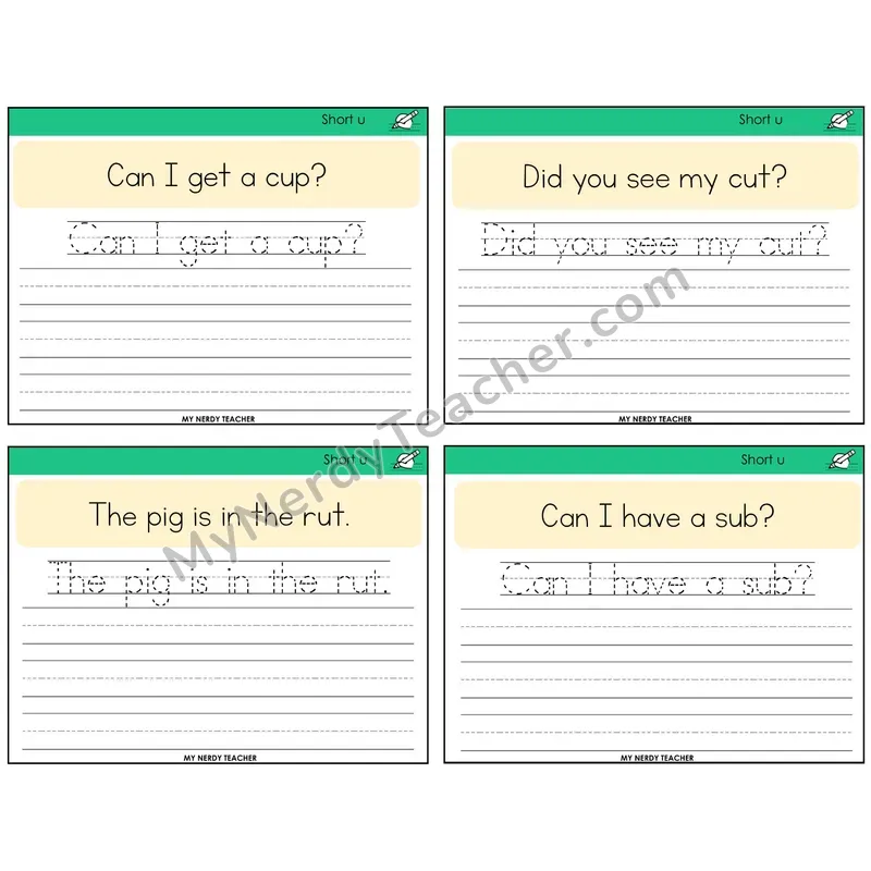 Short U Read It Trace It Write It Task Cards — Decodable Sentences