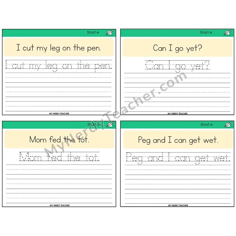 Short E Read It Trace It Write It Task Cards — Decodable Sentences