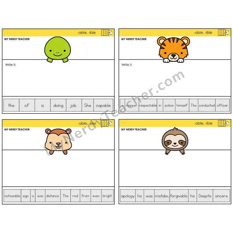 Suffixes -able and -ible Read It Build It Task Cards — Decodable Sentences