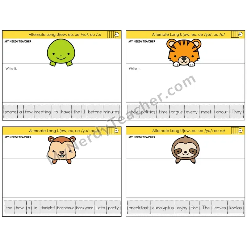 Alternate Long U Spellings Read It Build It Task Cards — Decodable Sentences