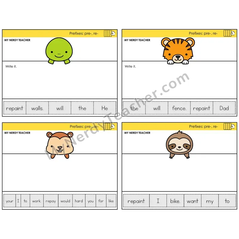 Prefixes pre- and re- Read It Build It Task Cards — Decodable Sentences