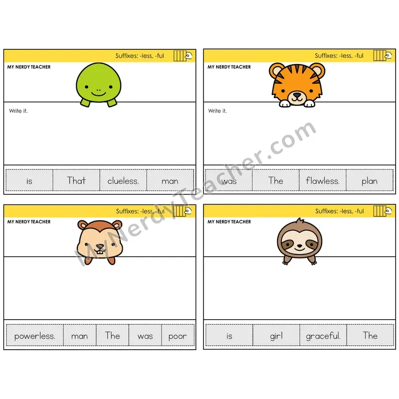 Suffixes -less and -ful Read It Build It Task Cards — Decodable Sentences