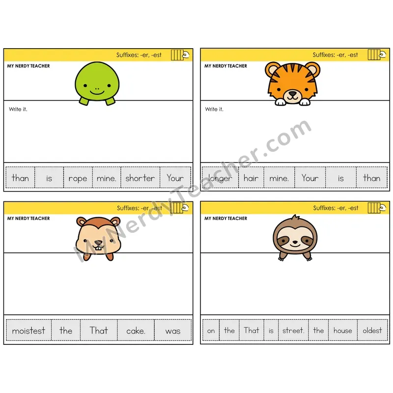 Suffixes -er and -est Read It Build It Task Cards — Decodable Sentences