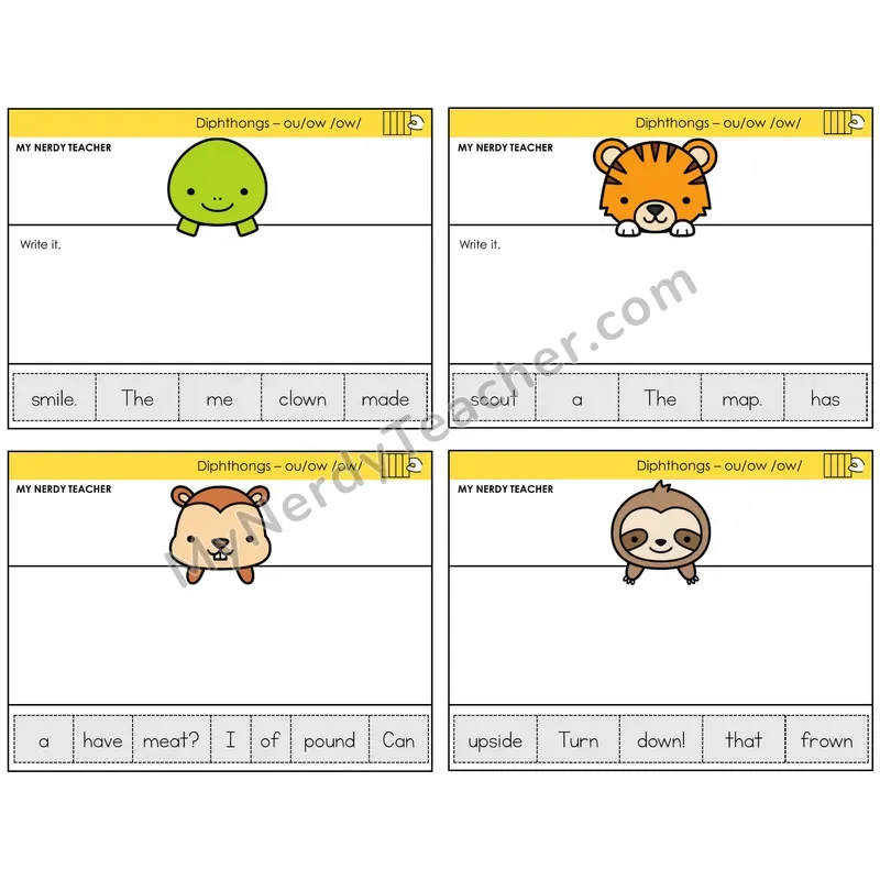 Diphthong OU and OW Read It Build It Task Cards — Decodable Sentences