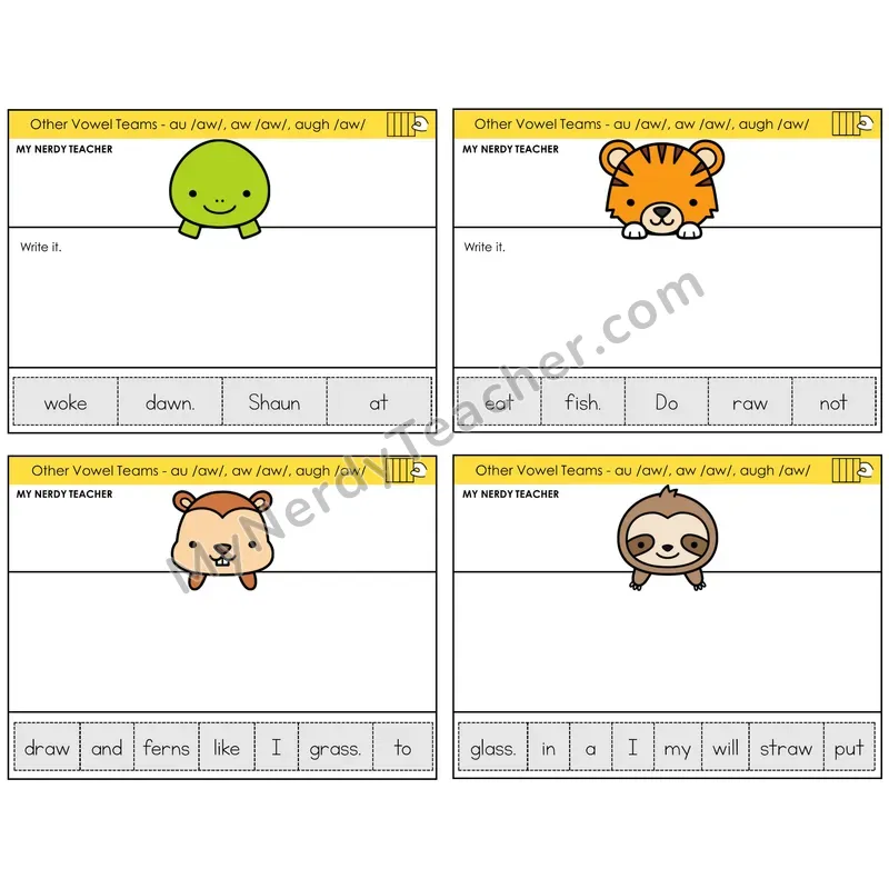 AU, AW, AUGH (/aw/) Read It Build It Task Cards — Decodable Sentences