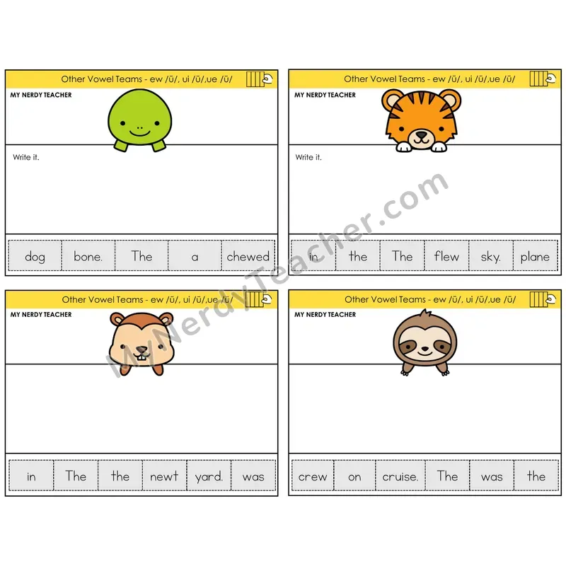 Long U (ew, ui, ue) Read It Build It Task Cards — Decodable Sentences