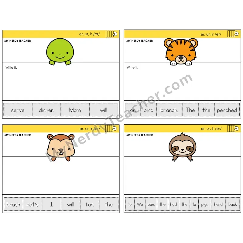 R-Controlled ER, UR, IR Read It Build It Task Cards — Decodable Sentences