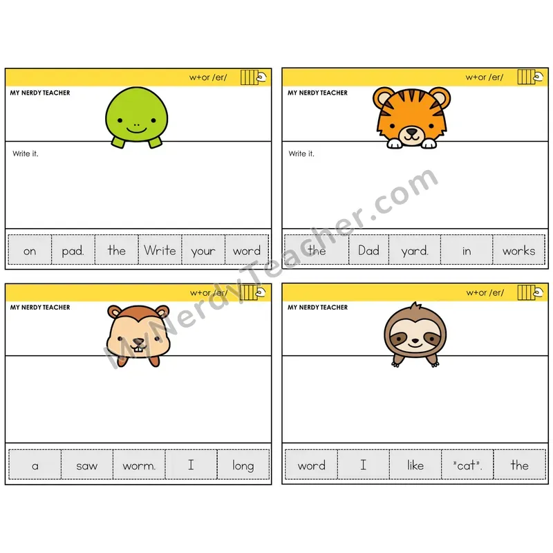 W+OR spelling /er/ Read It Build It Task Cards — Decodable Sentences