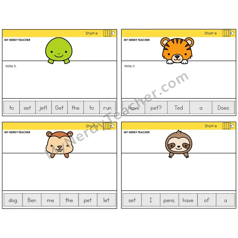 Short E Read It Build It Task Cards — Decodable Sentences