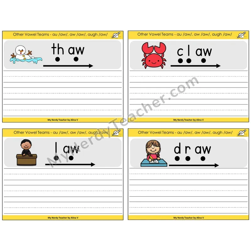 AU, AW, AUGH (/aw/) Sentence Writing Task Cards — Decodable Sentences