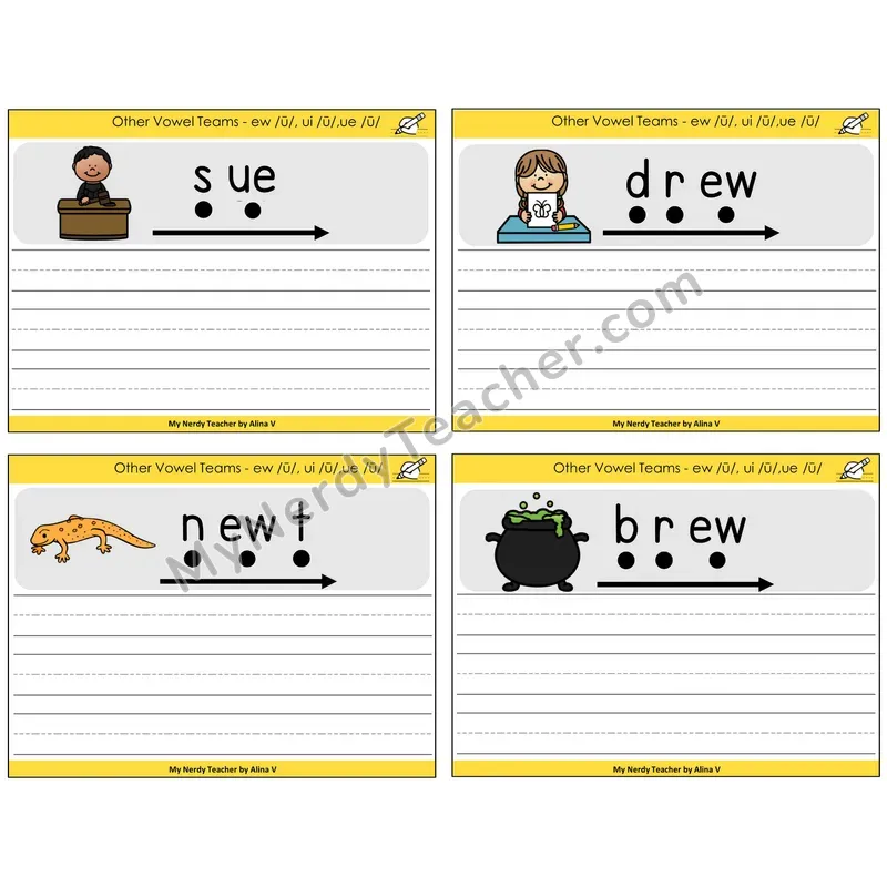 Long U (ew, ui, ue) Sentence Writing Task Cards — Decodable Sentences