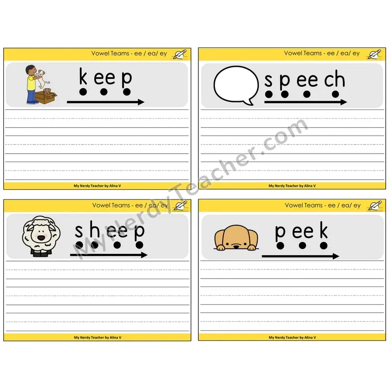 Long E Vowel Teams (ee, ea, ey) Sentence Writing Task Cards — Decodable Sentences